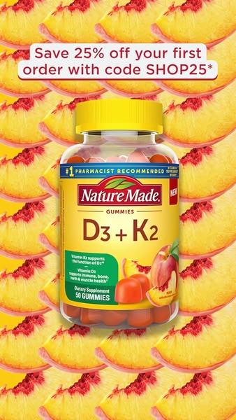 A vertical ad creative featuring a bottle of Vitamin D3 + K2 gummies set against a repetitive, stylized peach slice background with a clear discount offer.